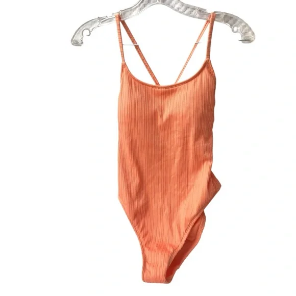 NWOT Xhilaration Tangerine Orange Peach Ribbed Backless One-Piece Swimsuit - S - Picture 6 of 16